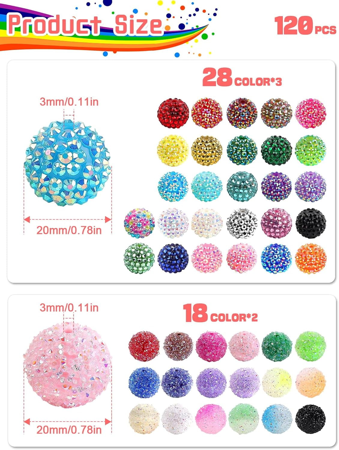 Kalolary 120PCS 20mm Multicolor Resin Rhinestone Pave Disco Ball Beads - Sparkly Round Crystal Bubblegum Beads for Jewelry Making & DIY Crafts