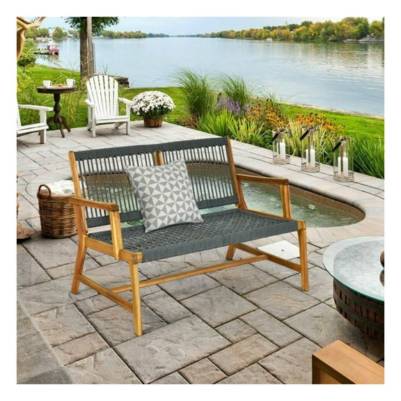 Acacia Wood Bench 2-Person Outdoor, Patio Loveseat with Rope Seat & Back, Ergonomic Armrests, Teak Oil Finish, Backyard Balcony Furniture, 46.5" x 29.5" x 32", 705lbs Capacity
