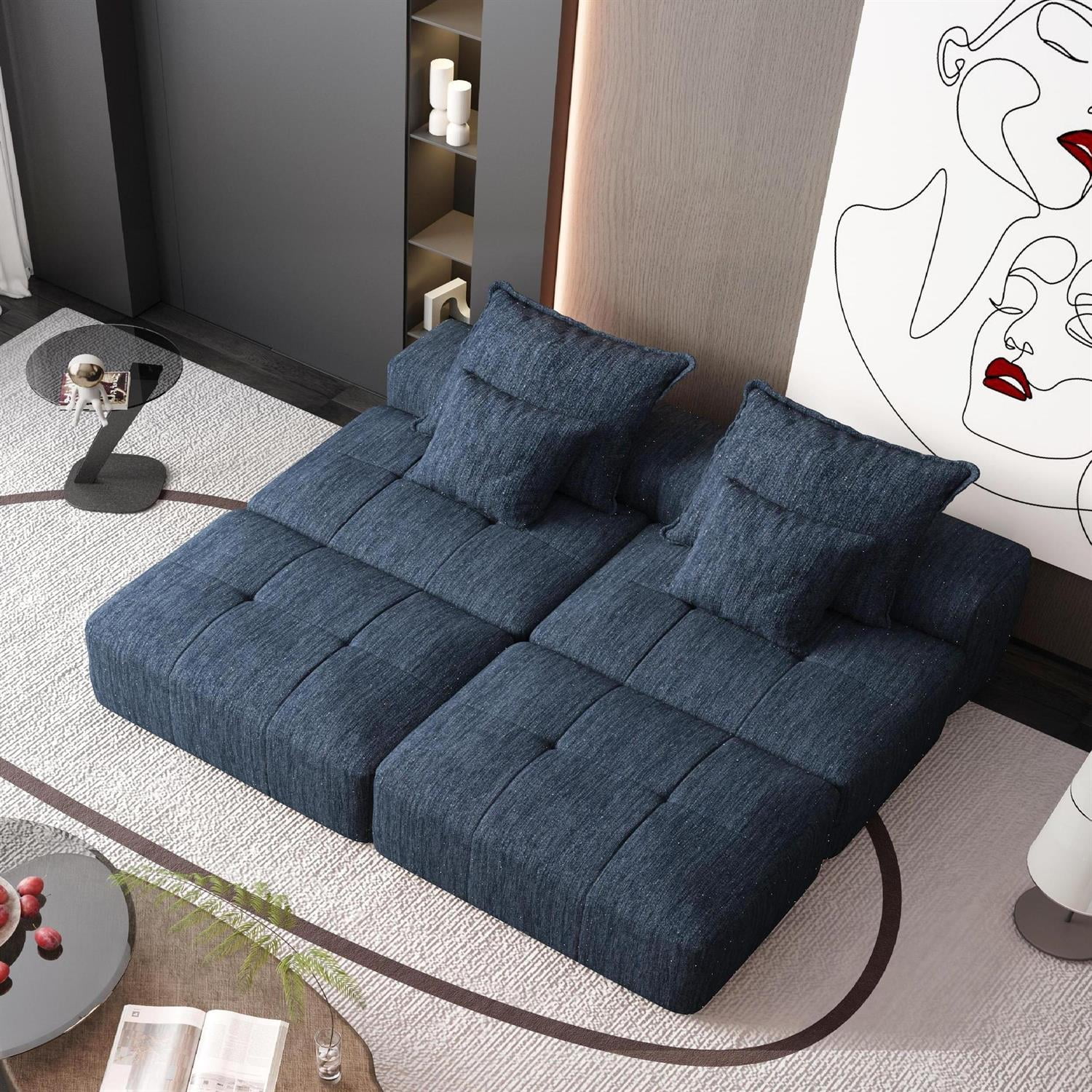 Demi Bonn 141" Modular Oversized Sectional Sofa Set with 2 Ottomans, 2-Seater, 4 Soft Pillows, Modern DIY Tufted Couch, No Assembly Required, for Living Room, Blue