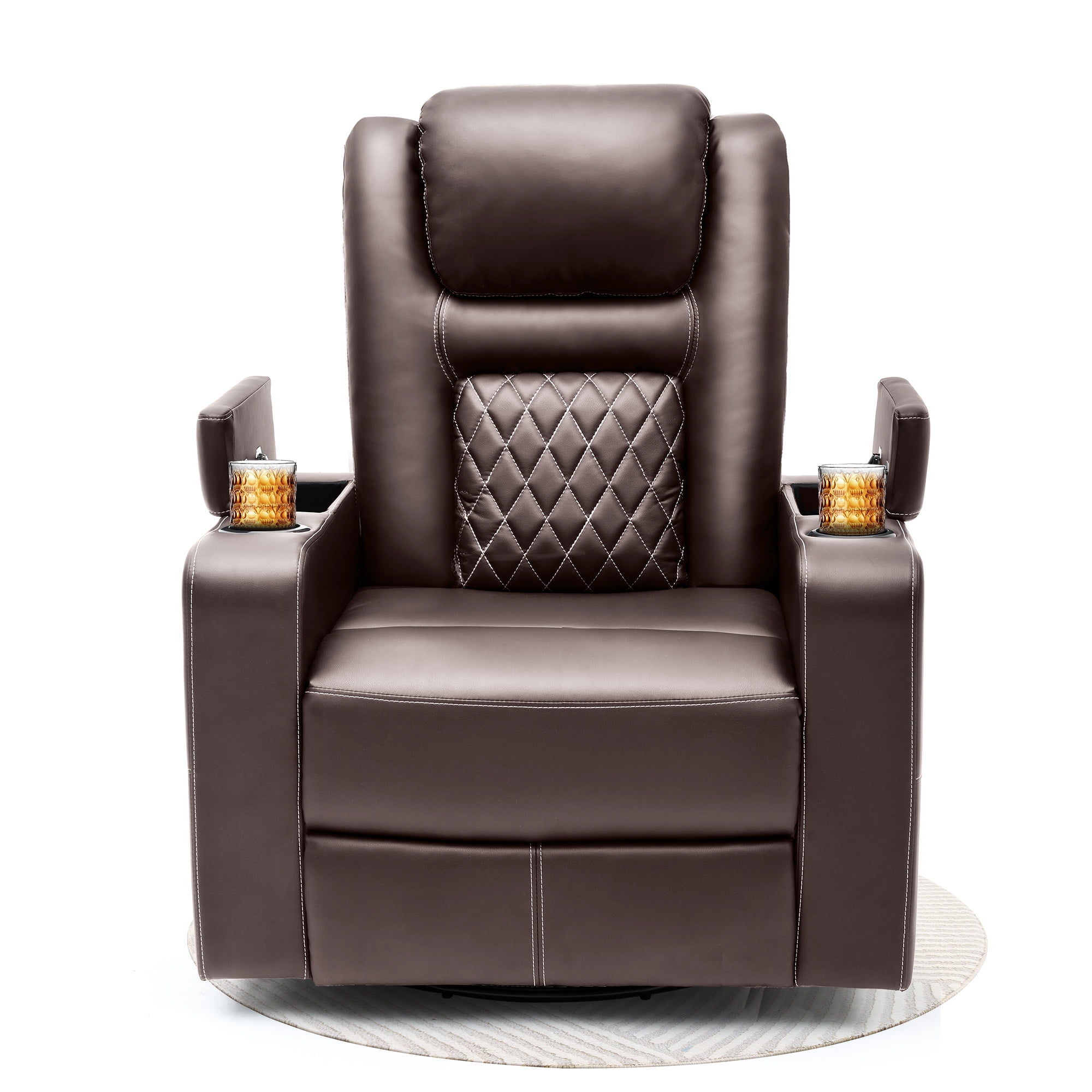 Dextrus Rotating Rocker Recliner with Heat and Massage, Concealed Armrest Storage, Faux Leather Rocking Chair with Drink Holders, Comfortable Cinema Seating, Manual Lounge Chair, Brown