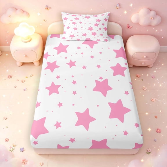 Manfei Sparkle Stars Print Twin Fitted Sheet,Playful Design Bedding,White Pink,2pcs