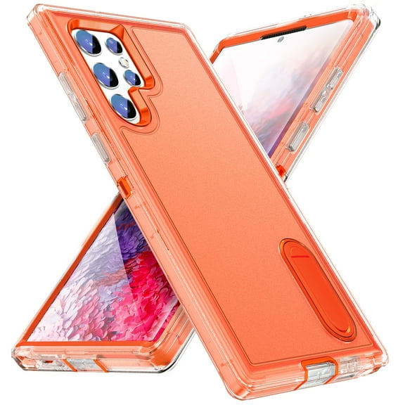 Samsung Galaxy S22 Ultra Case with Kickstand, 3-Layer Super Full Heavy Duty Body Bumper Cover/Shock Protection/Dust Proof, Designed  Galaxy S22 Ultra Case (Clear/Orange)