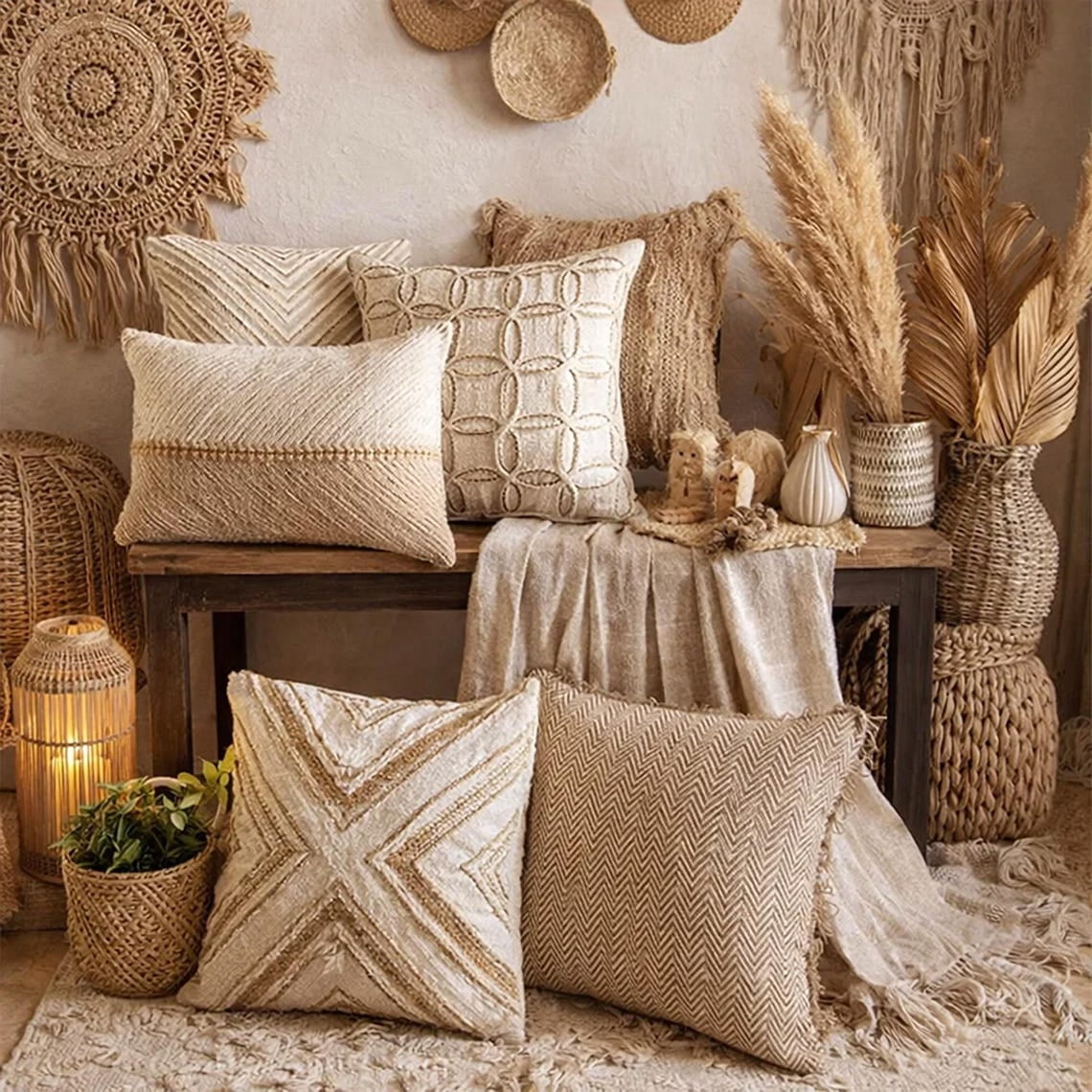 The HomeCentric Decorative Beige 14"x14" (35x35 cm) Throw Pillows, Linen Lace & Jute Throw Pillows For Couch, Geometric Pattern Modern Style - Jutee Love