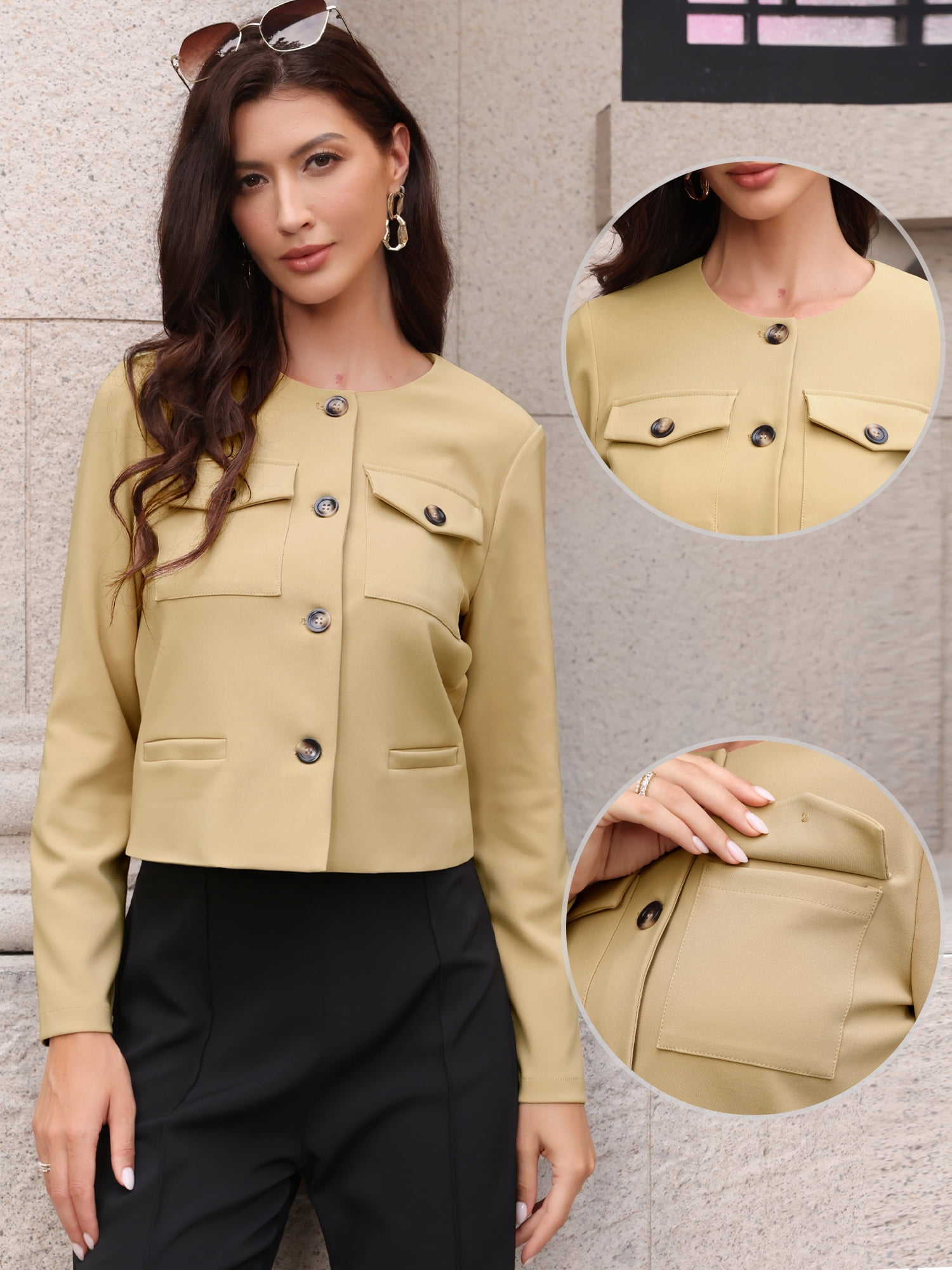 DARING DIVA Women's Cropped Long Sleeve Button Down Lightweight Blazer L Khaki