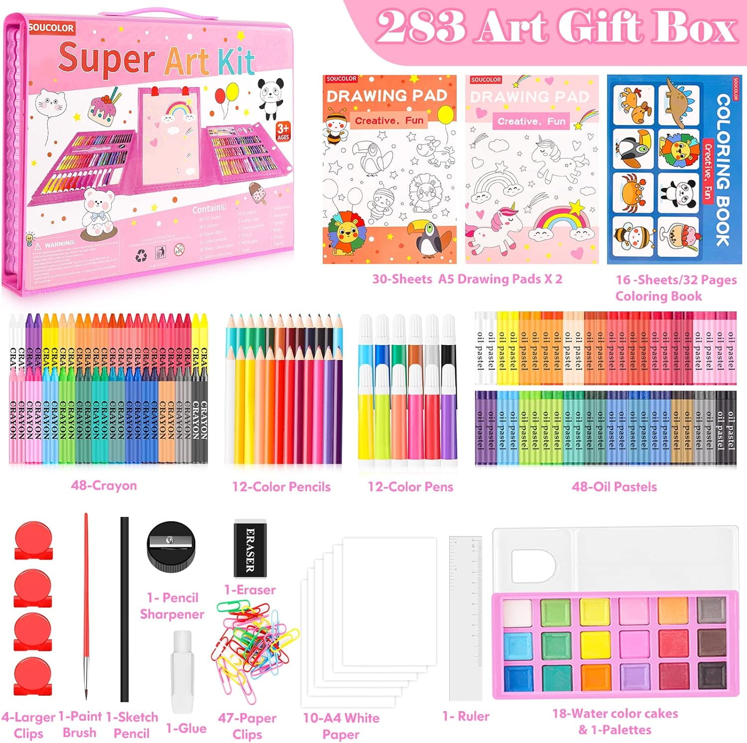 Art Supplies, 283 Pieces Drawing Set Kits with Trifold Easel, 2 Pads, 1 Coloring Book, Crayons, Pastels, Arts Gifts Case,