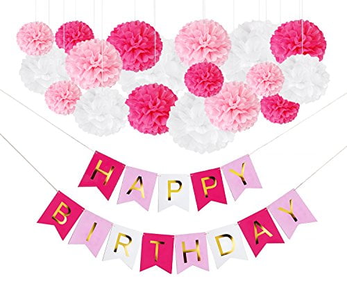 Easy Joy Birthday Party Decorations Happy Birthday Bunting Banners Tissue Paper Fans Pom Poms Pink Latex Balloons White Pink for Girls Women Birthday Party