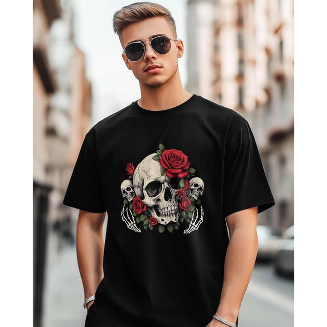 Camisetas de manga corta con calavera y rosa roja para hombre, camisetas de cuello redondo