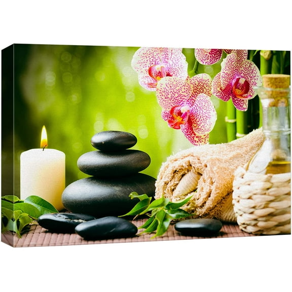 Aaheei Canvas Print Wall Art Massage Stones Zen Pink Orchid Flower Plants Candles Nature Wilderness Photography Realism Rustic Landscape Colorful for Living Room, Bedroom, Bathroom, Office