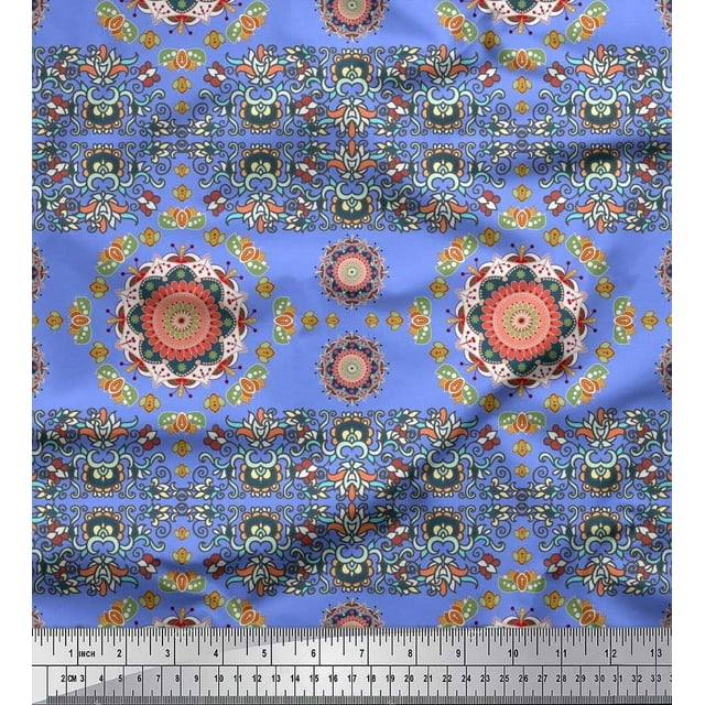 Soimoi Silk Fabric Floral Mandala Print Fabric by The Yard 42 Inch Wide