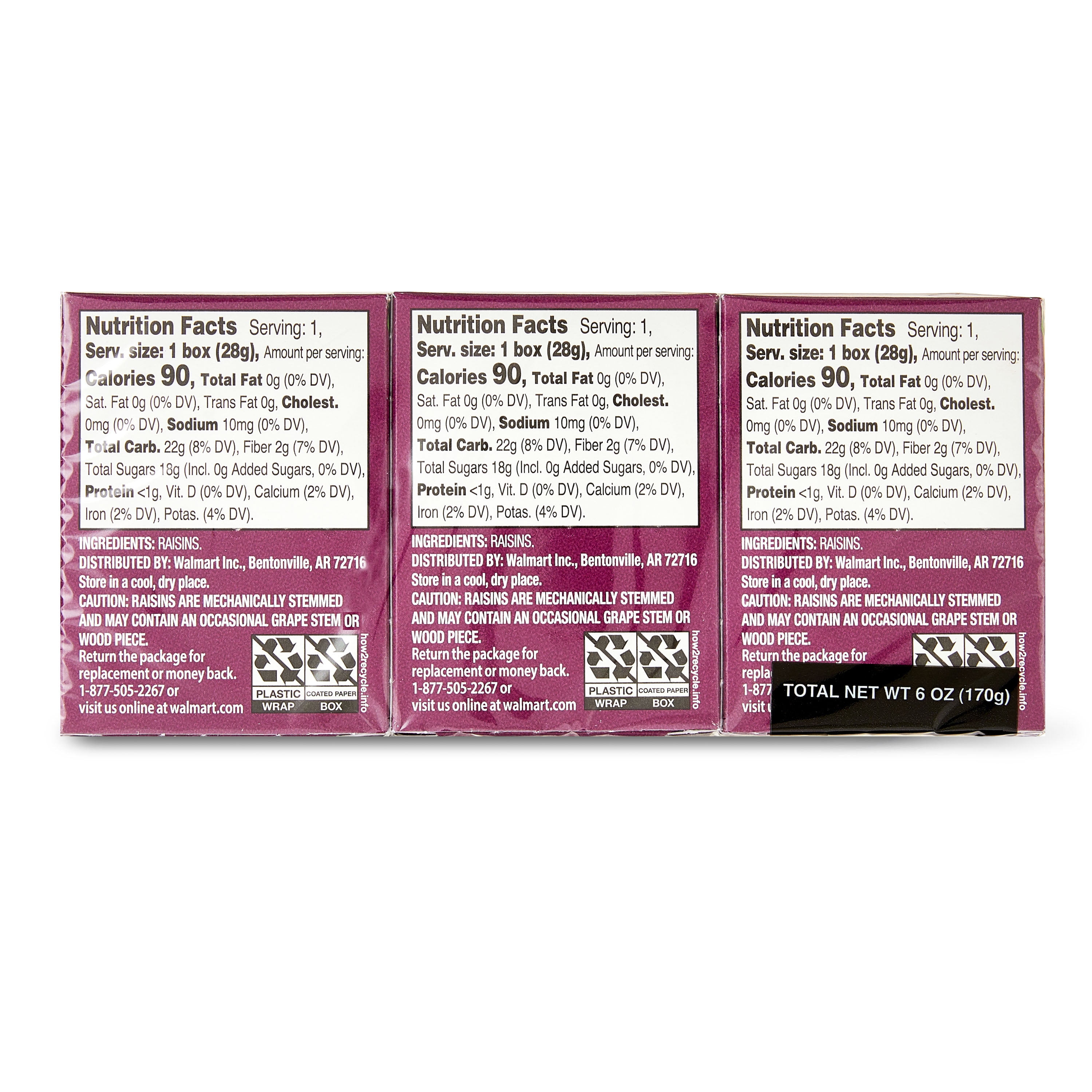 Great Value Sun-Dried Raisins 6 Pack, 6 - 1 oz (28g) Cartons