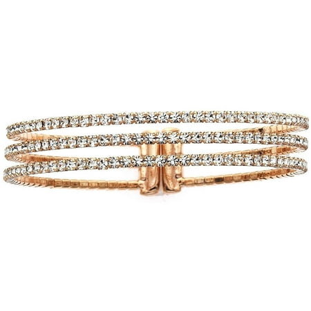 X & O Handset Austrian Crystal Rose Gold-Plated 3-Row Gap Bangle, One Size