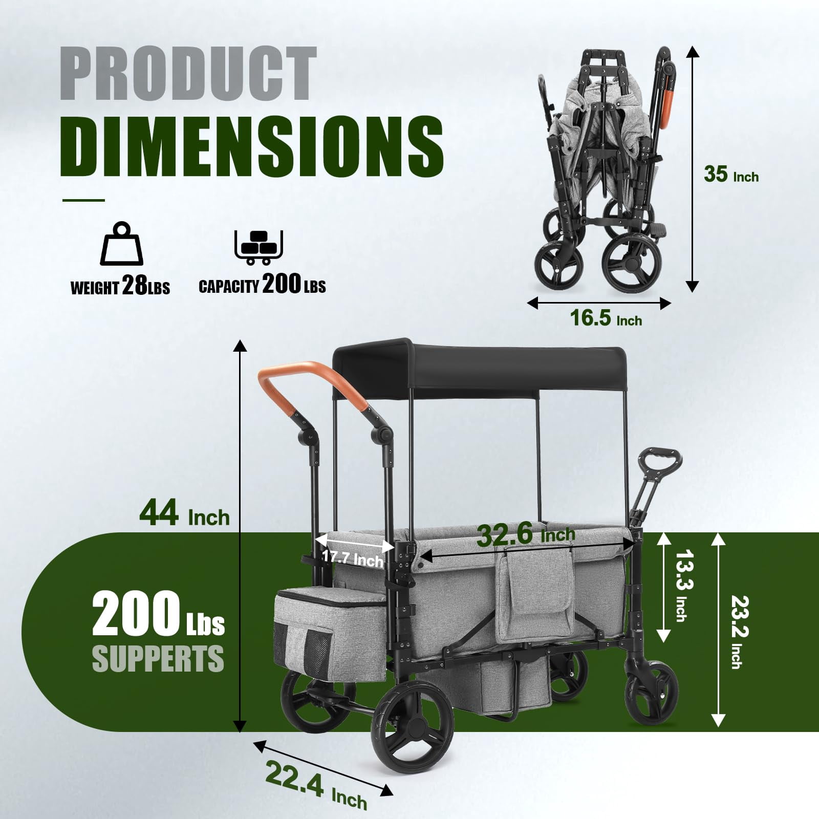 Wagon Stroller for 2 Kids, 3 in 1 Push and Pull Foldable Wagon with Footwell, All-Terrian Wheels, Includes Adjustable Canopy, Ample Organizer, 5 Point Harness (Black)