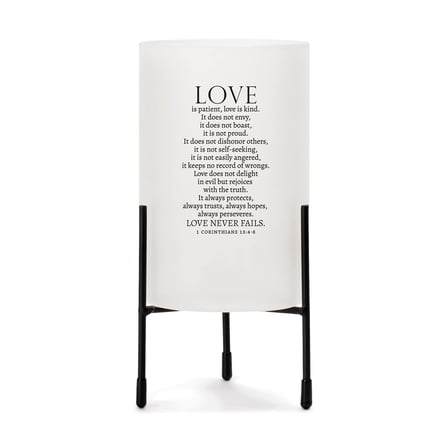 Love Patient Kind Never Fails White 8 x 4 Glass Hurricane Candle Holder