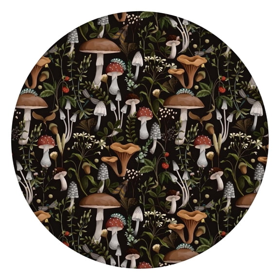 Brown Mushroom Plant Black Pattern Round Fitted Tablecloth with Elastic Edge,Dining Table Cover Waterproof,Outdoor Round Tablecloth for Camping,Dining,Indoor and Outdoor