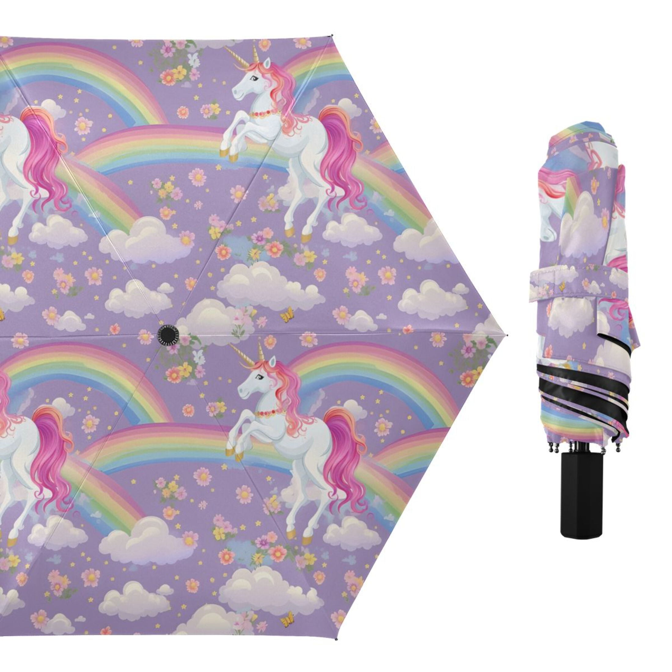 Unicorns and Rainbows Compact Folding Umbrella for Rain Windproof Travel Umbrella UPF 50+ Lightweight Packable Arc Size