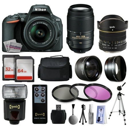 Nikon D5500 DSLR Digital Camera with AFS 18-55mm Lens (1546) + 55-300mm VR Lens + Opteka 6.5mm f/3.5 Fisheye Lens + 96GB Memory + Case + 2.2x Telephoto + 0.43x Wide Angle + 3 Filters + Flash + Tripod