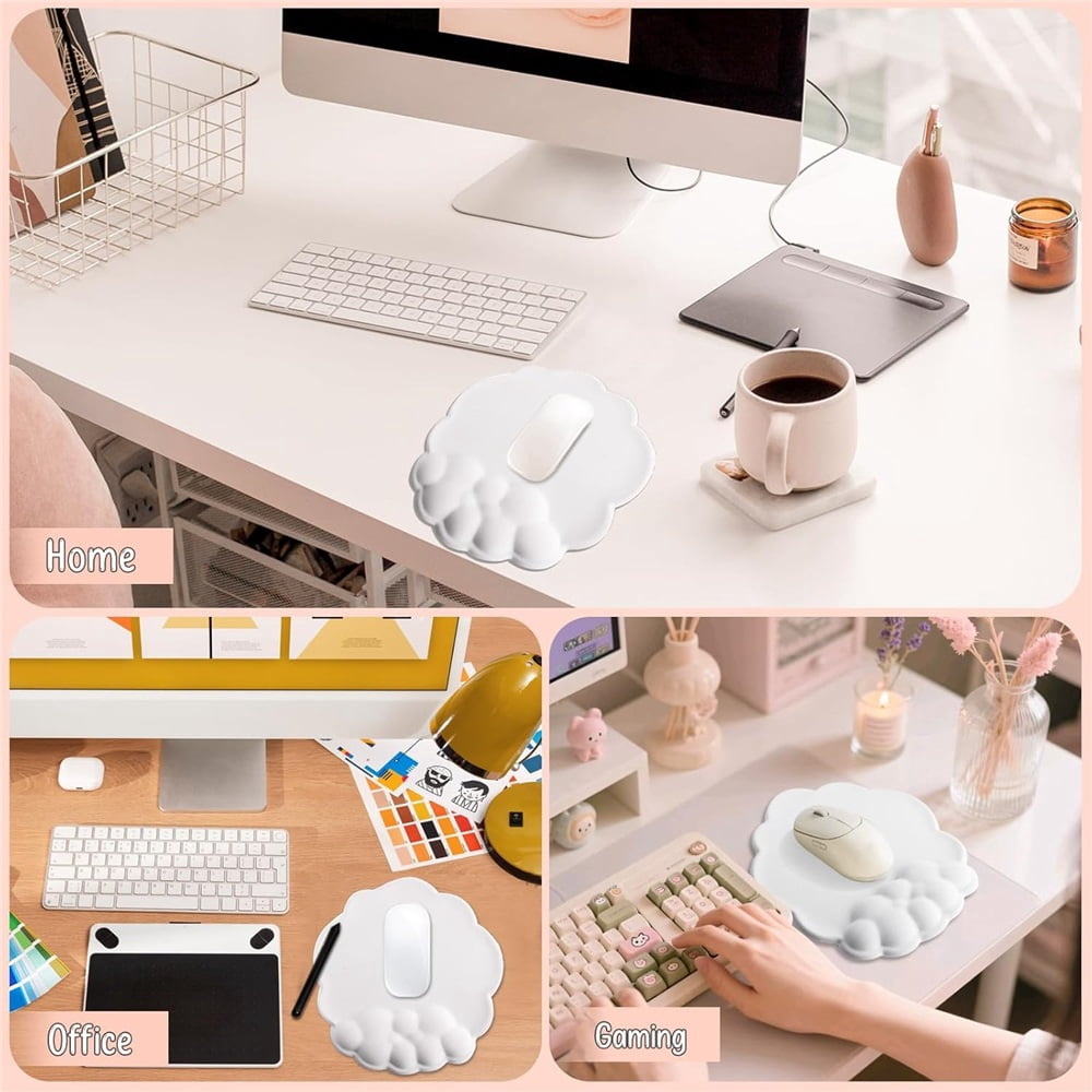 2 pack Mouse Pad Wrist Support, Cloud Mousepad with Memory Foam Wrist Rest, Non-Slip Base Gaming Surface Mouse Pad for Home Office Laptop, White