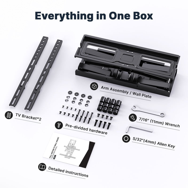 MountFTV Full Motion TV Wall Mount for 26-65 inch TVs Holds up to 110 lbs Swivels Tilts Extension Leveling, Max 400 x 400mm, Fits 8"/12/16" Wood Stud
