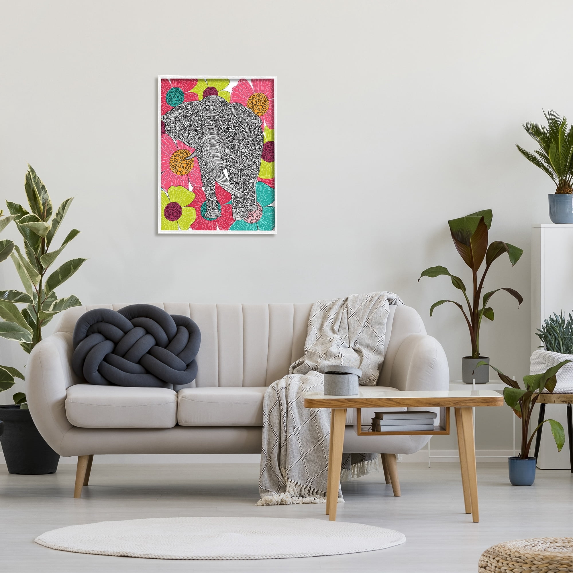 Stupell Industries Bold Modern Elephant Flower Blossoms Intricate Patterns Graphic Art White Framed Art Print Wall Art, Design by Valentina Harper