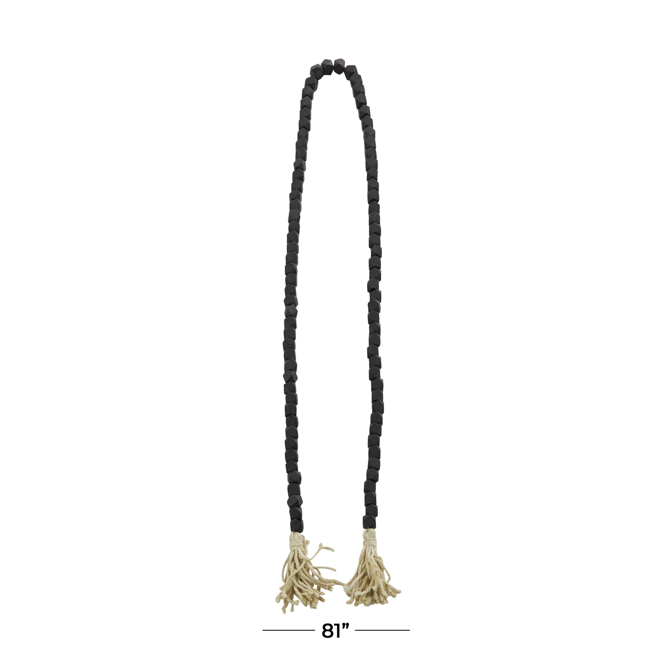 DecMode Black/Gray Wood Bohemian Garland Décor with Geometric Bead Details and Cream Cotton Tassel, 81"L