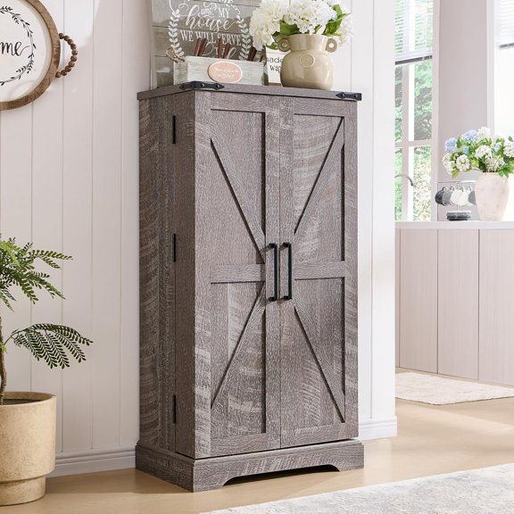 CHAUKY 47" Kitchen Pantry, Farmhouse Storage Cabinet with Barn Doors, Organizer and Adjustable Shelves, Rustic Wood Cupboard for Kitchen, Dining Room, Bathroom and Hallway, Rustic Grey
