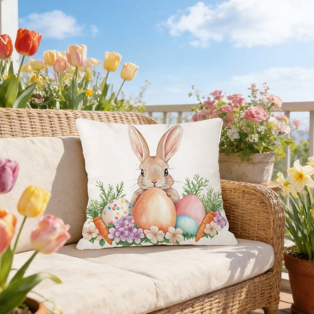 Funda de cojín de lino con estampado de conejo y huevo de Pascua | Funda de cojín decorativa de 45 x 45 cm para sofá, dormitorio | Decoración de Pascua para el hogar