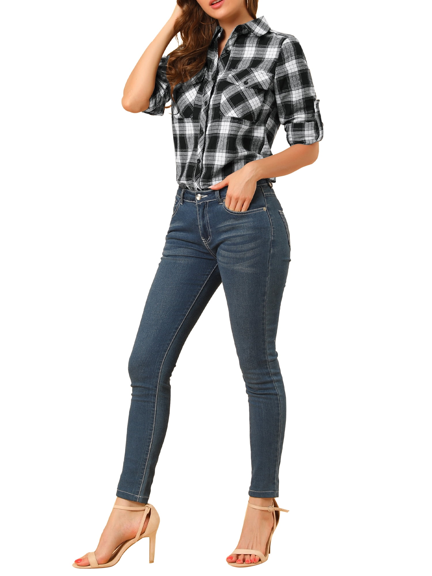 Unique Bargains Women's Halloween Costume Check Roll Up Sleeves Button Down Shirt