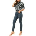 thumbnail image 3 of Allegra K Women's Check Print Roll up Sleeves Flap Pockets Brushed Shirt, 3 of 7