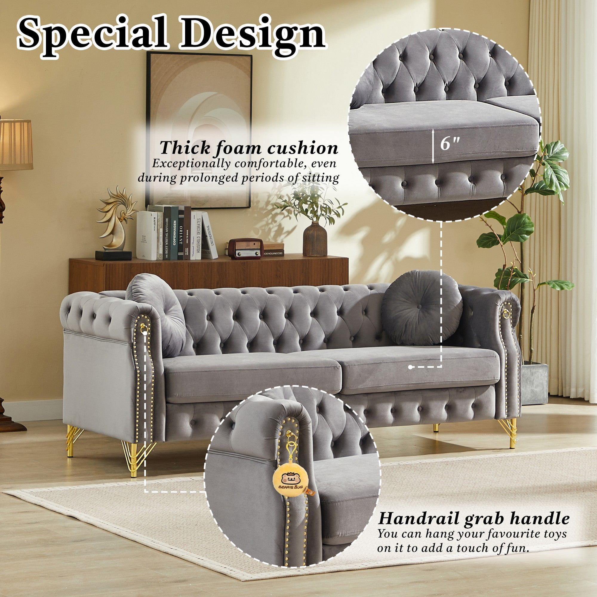 Sailvan 82" Velvet Chesterfield Sofa, Tufted 3-Seater Couch with Gold Metal Legs & Copper Studs, Luxury Living Room Furniture Grey