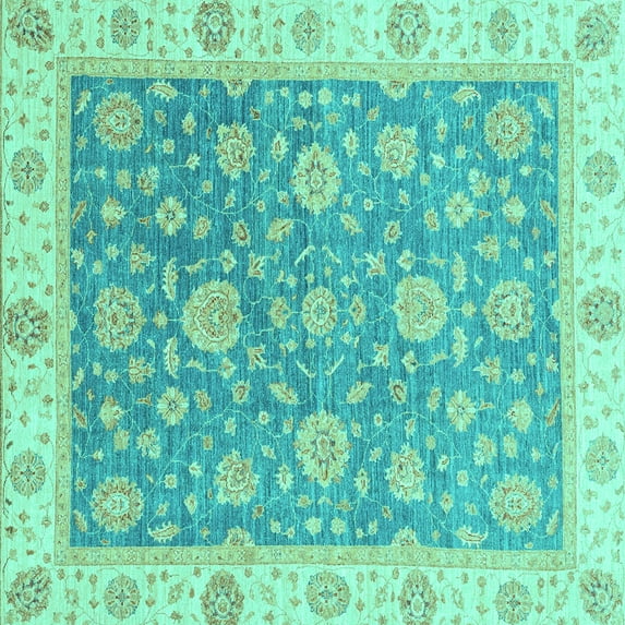 Ahgly Company Machine Washable Indoor Square Oriental Turquoise Blue Traditional Area Rugs, 6' Square
