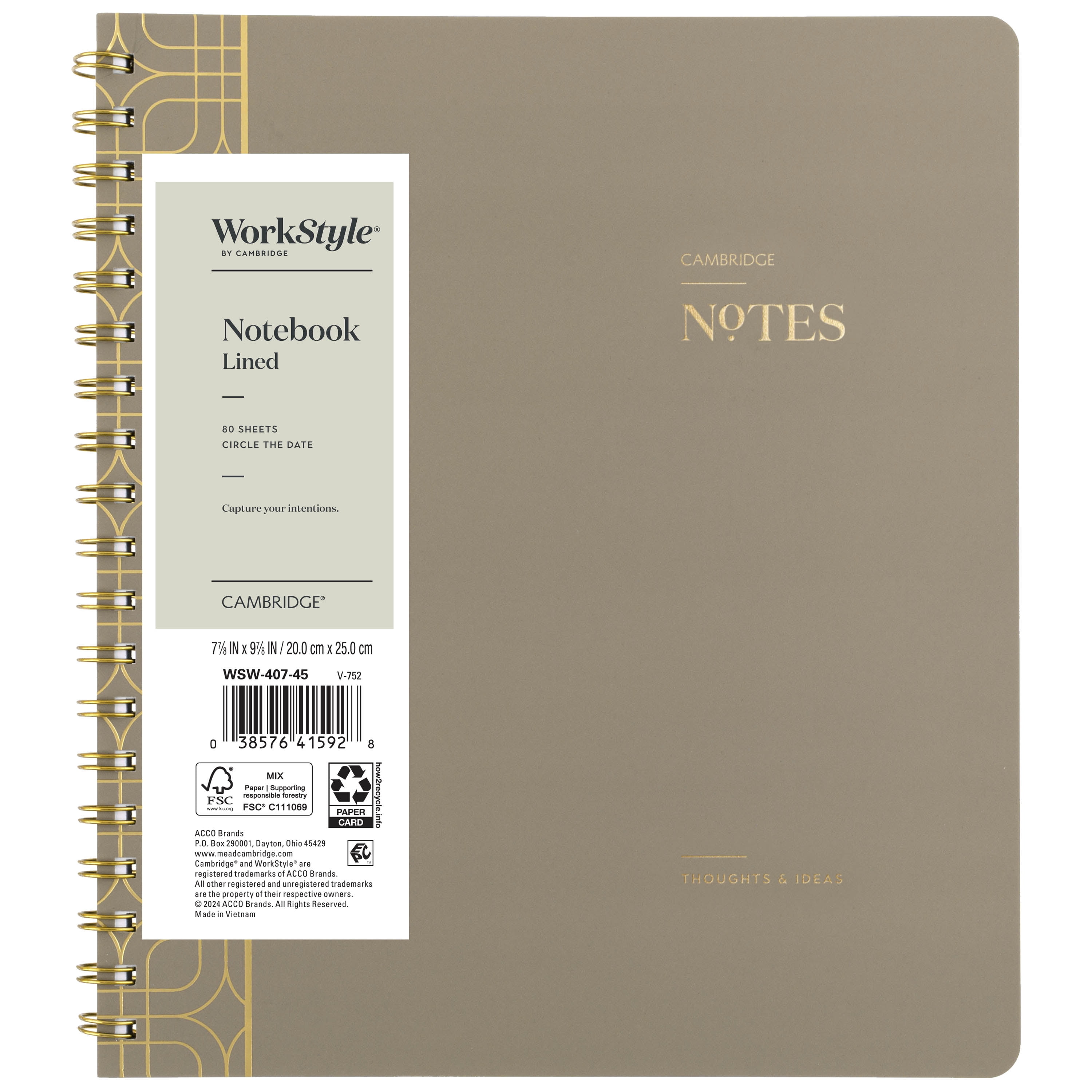 Cambridge Workstyle Notebook, 8" x 10", Timeless Taupe, Medium, Spiral, 80 Sheets
