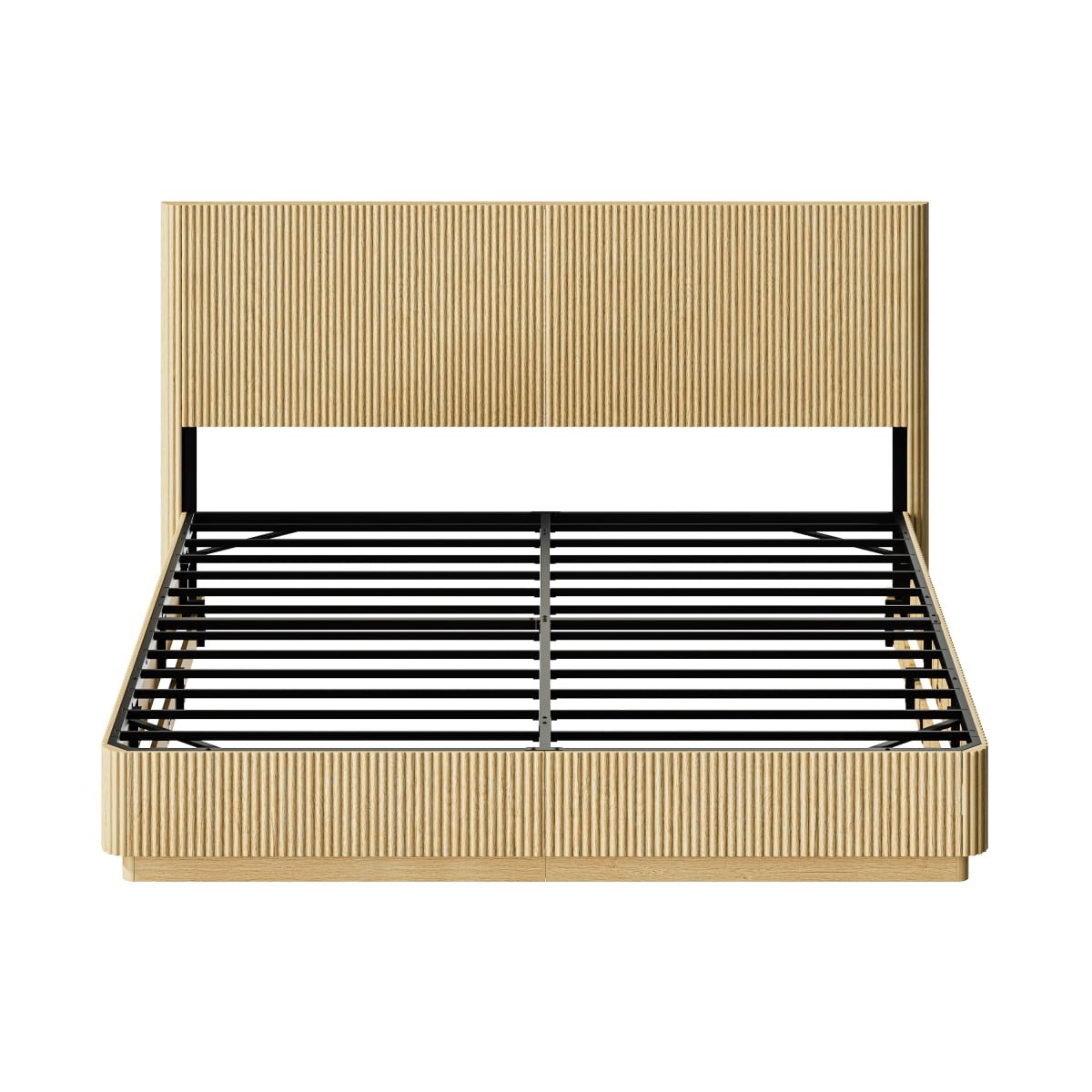 Luckynote Kind Size Bed Frame with LED Lights, Modern Wooden Corrugated Curved Lines, Convex Groove Board Design, Oak.