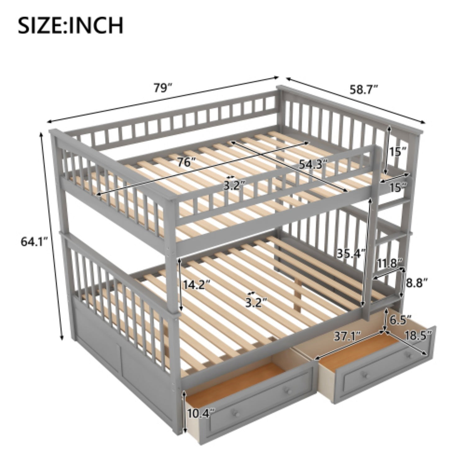 Full Over Full Bunk Bed with Storage Drawers, Convertible Wood Bunk Bed Frame with Safety Guardrails, Solid Pine Wood Kids & Adult Bed for Bedroom, Gray