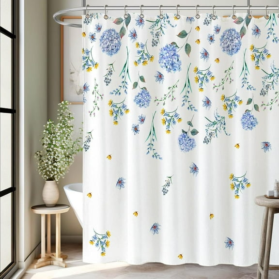 Watercolor Floral Shower Curtain Watercolor Blue Hydrangea Waterproof Washable Polyester Fabric Bathroom Shower Curtains with 12 Hooks for Bathroom 72x72 Inches