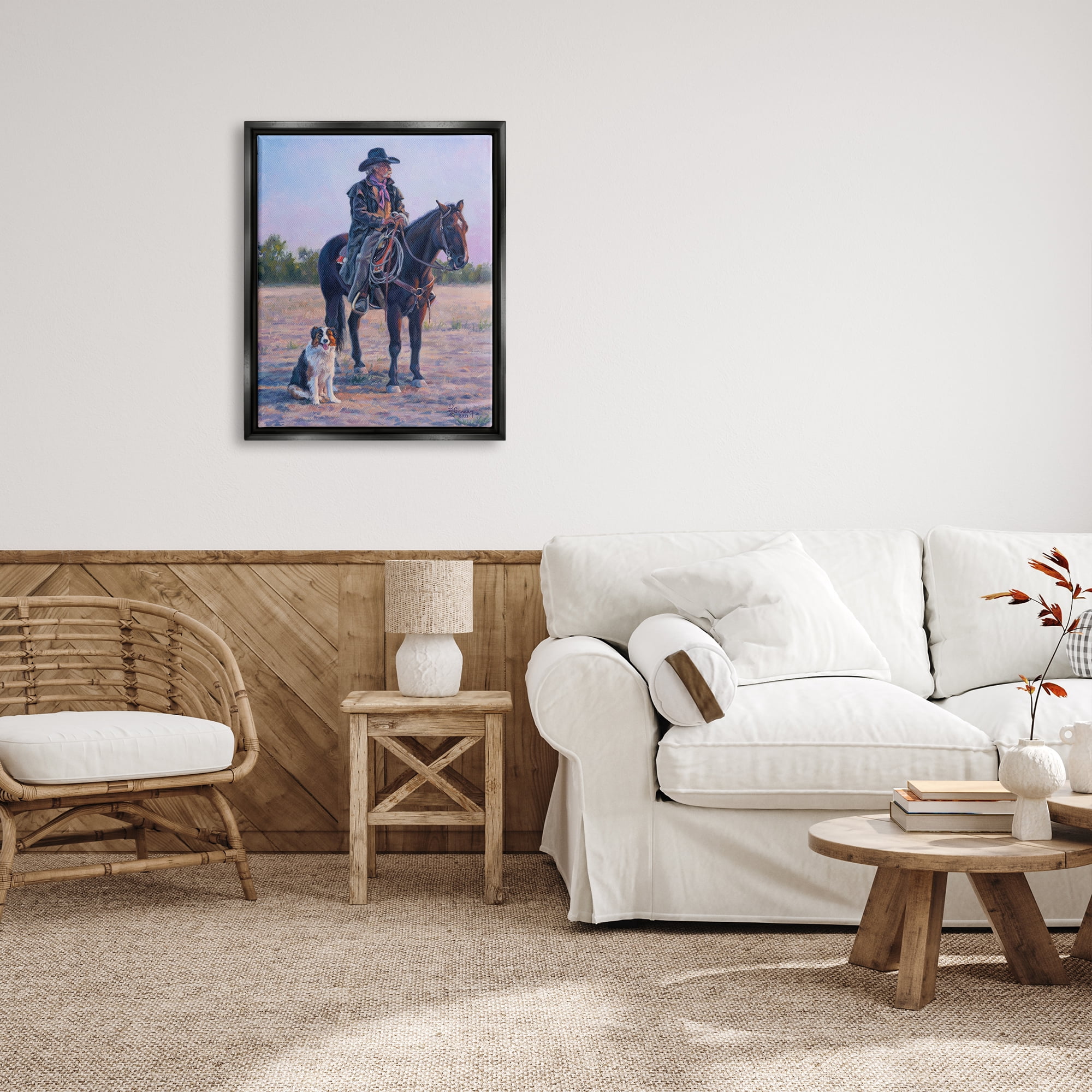 Stupell Industries Cowboy in Rural Landscape Animals & Insects Painting Black Floater Framed Art Print Wall Art, 25 x 31