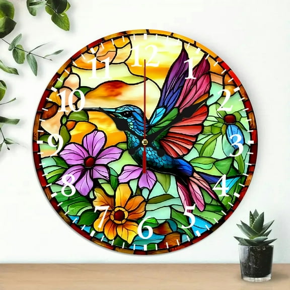 Wooden Wall Clock, hummingbird flowers stained glass Print, Wall Decor for Linving Room, Perfect for Living Room, Dorm, Bedroom, Kitchen, Home Office & More, Wall Clock Living Room