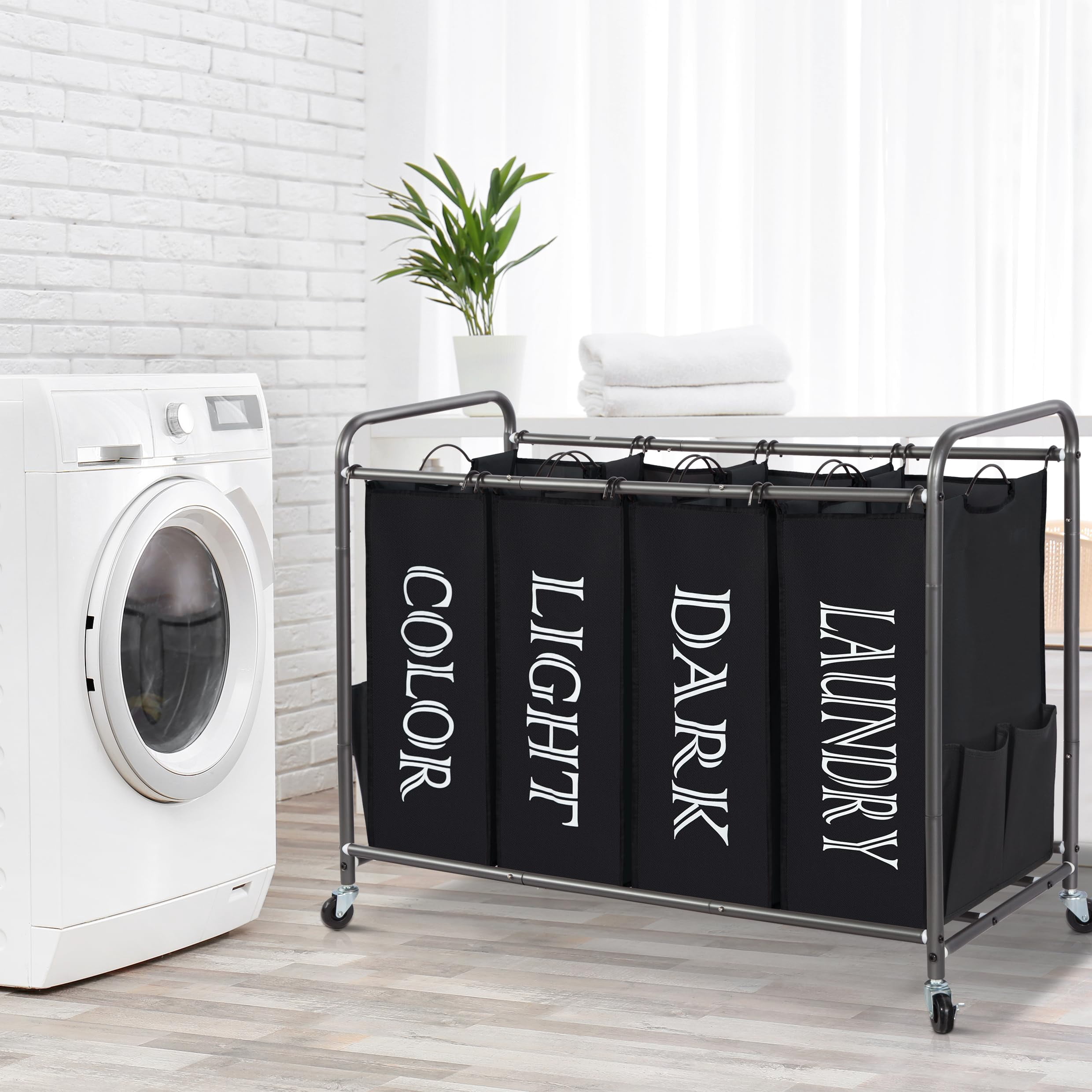 Laundry Sorter 4 Section, 47.8 Gal (181 L) Laundry Hamper with Wheels, Clothes Divider Basket Sorter, Clothes Separator Hamper Cart with Wheels and Removable Bags, Black