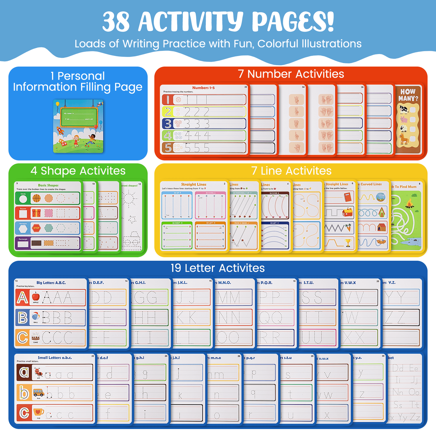 Preschool Learning Activities Educational Workbook, 38 Reusable Pages Pre Kindergarten Workbooks, Number Letter Tracing Books for Kids, Autism Learning Materials, Abc Busy Book for Kids Ages 3-6