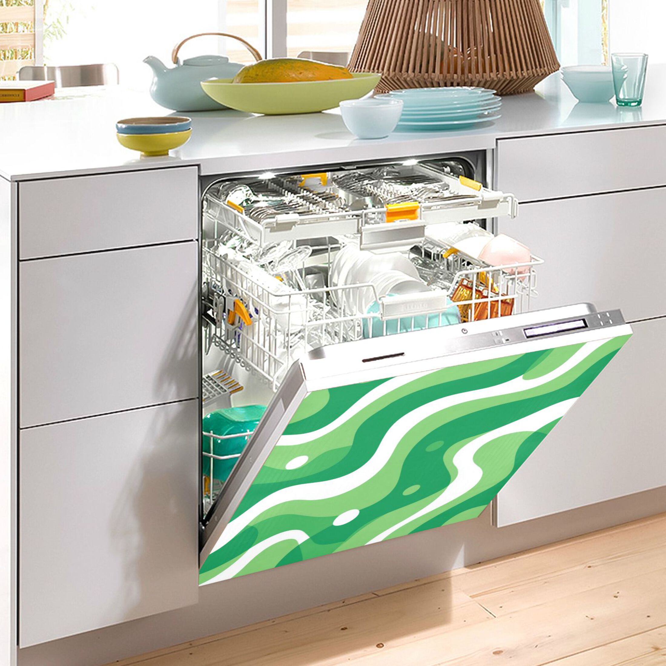 Dishwasher Magnetic Refrigerator Magnet Cover Sticker Home Decorative 23"x26" Light Green Flowing Lines
