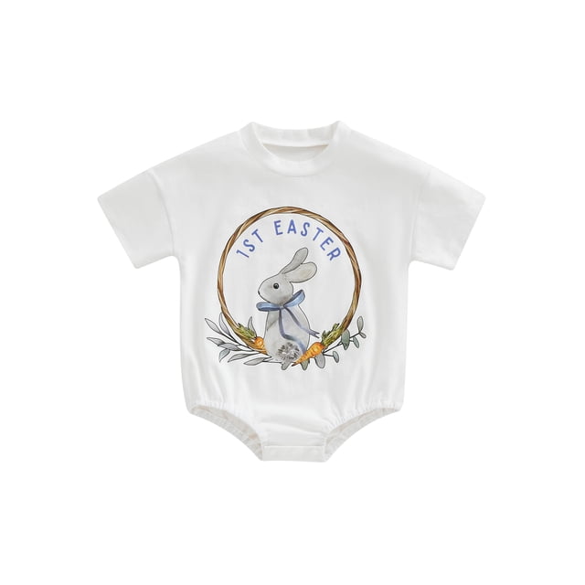 Faithtur Combinaison de Pâques pour Bébé, Barboteuse à Manches Courtes à Col Rond avec Imprimé de Lettres Rabbit de Style Dessin Animé pour Garçons et Filles, 0-18 Mois