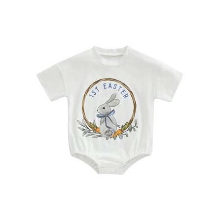 

jaweiwi Infant Baby Easter Jumpsuit Cartoon Rabbit Letter Print Short Sleeve Round Neck Romper for Boys Girls Size 0 6 9 12 18 Months
