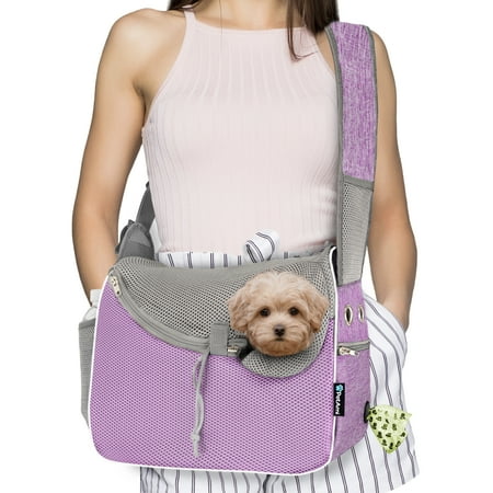 PetAmi Small Dog Sling Carrier  Soft-Sided Crossbody Puppy Carrying Purse Bag  Adjustable Sling Pet Pouch to Wear Medium Dog Cat Travel  Dog Bag for Traveling  Breathable  Poop Bag Dispenser  Purple