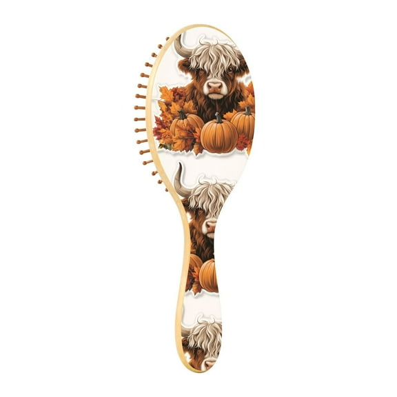 Natural Wooden Round Hair Brush - Wooden Cushion Massage Comb for Straight and Curly Hair, Promotes Scalp Blood Circulation,Cute Highland Cow
