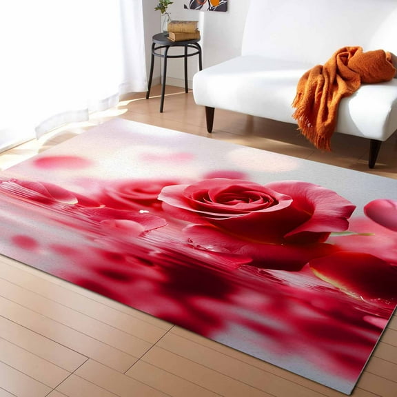 Area Rugs Indoor Non-Slip Rectangle Rug 2.7x5 Ft Red Rose Floral Reflection Water Nature Dreamy Rug Rubber Backing Floor Mats Non Shedding Home Decor Carpet for Entryway Living Room