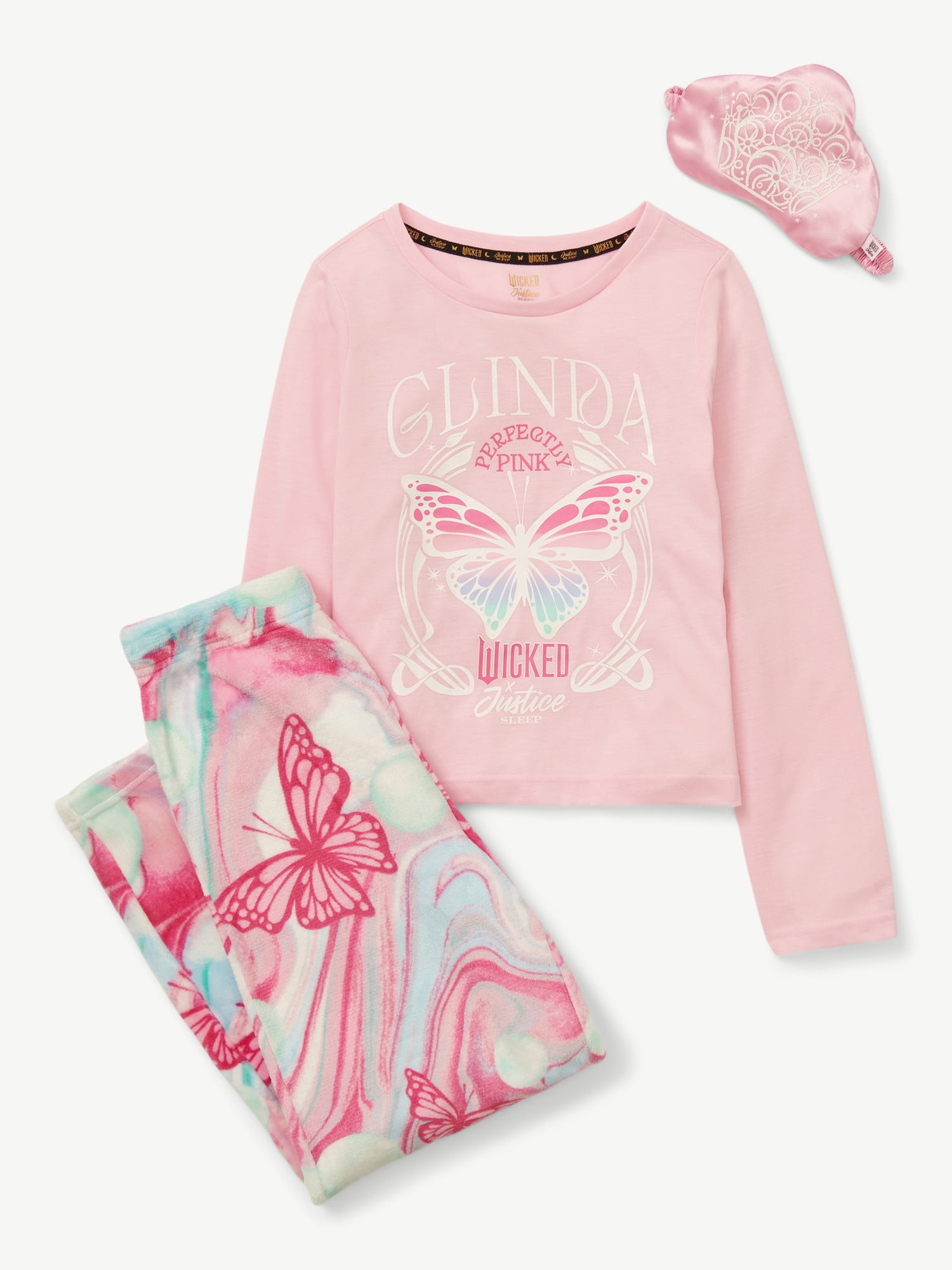 Justice Girls Wicked Long Sleeve Top and Pant Pajama Set with Eyemask, 3-piece, Sizes 5-18