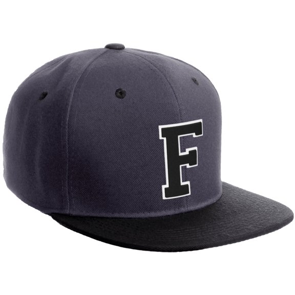 Daxton Classic Snapback Hat Custom A to Z Initial Varsity Letters, Charcoal Black Hat White Black Letter F