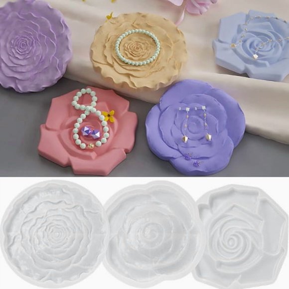 Juego de moldes de silicona DIY de 3 piezas for bandejas de joyería de rosas, posavasos de almacenamiento de anillos y aretes