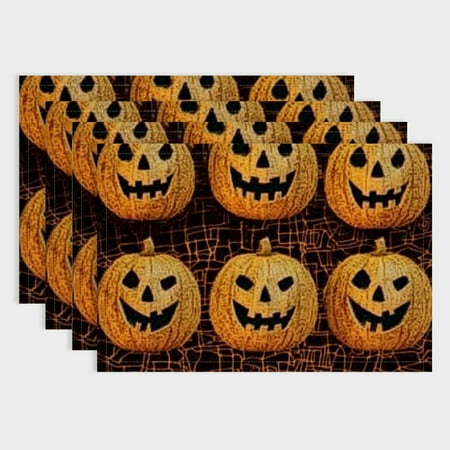 

BCIIG Happy Halloween Funny Placemats Pumpkin Horror Black Background Place Mats for Dining/Kitchen Table Waterproof Washable Linen Heat Insulation Dinner Table Mats 4 PCS 18x12in