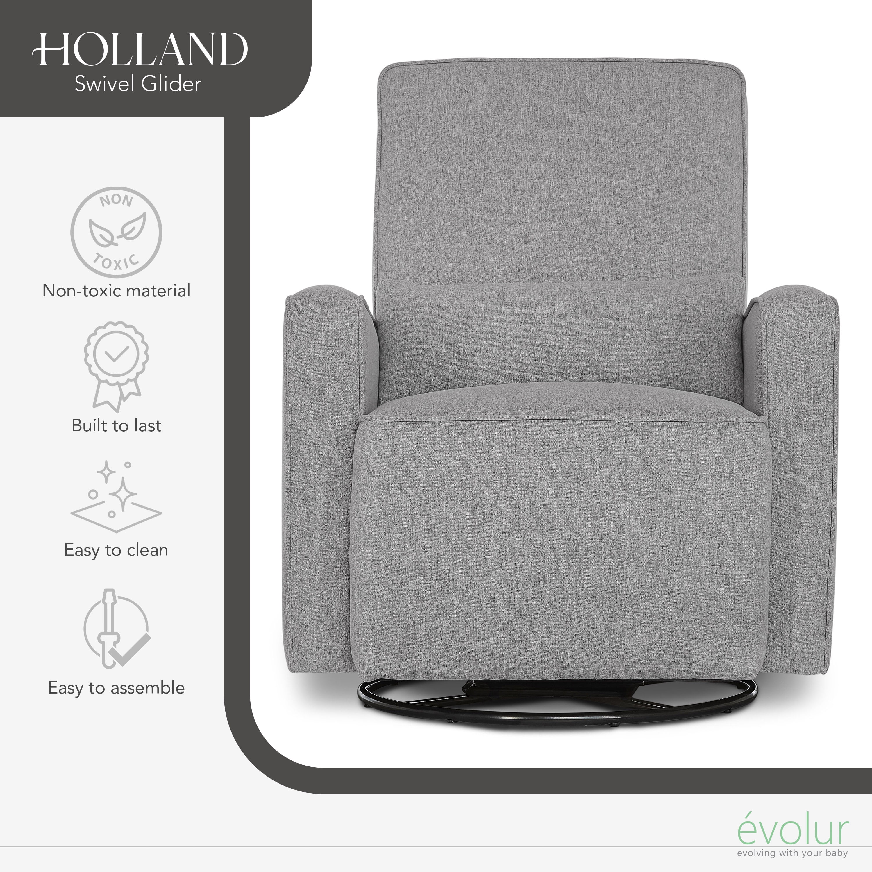 Evolur Holland Upholstered Swivel Glider | Rocker I Included Lumbar Pillow I Modern Design, Luxe Grey