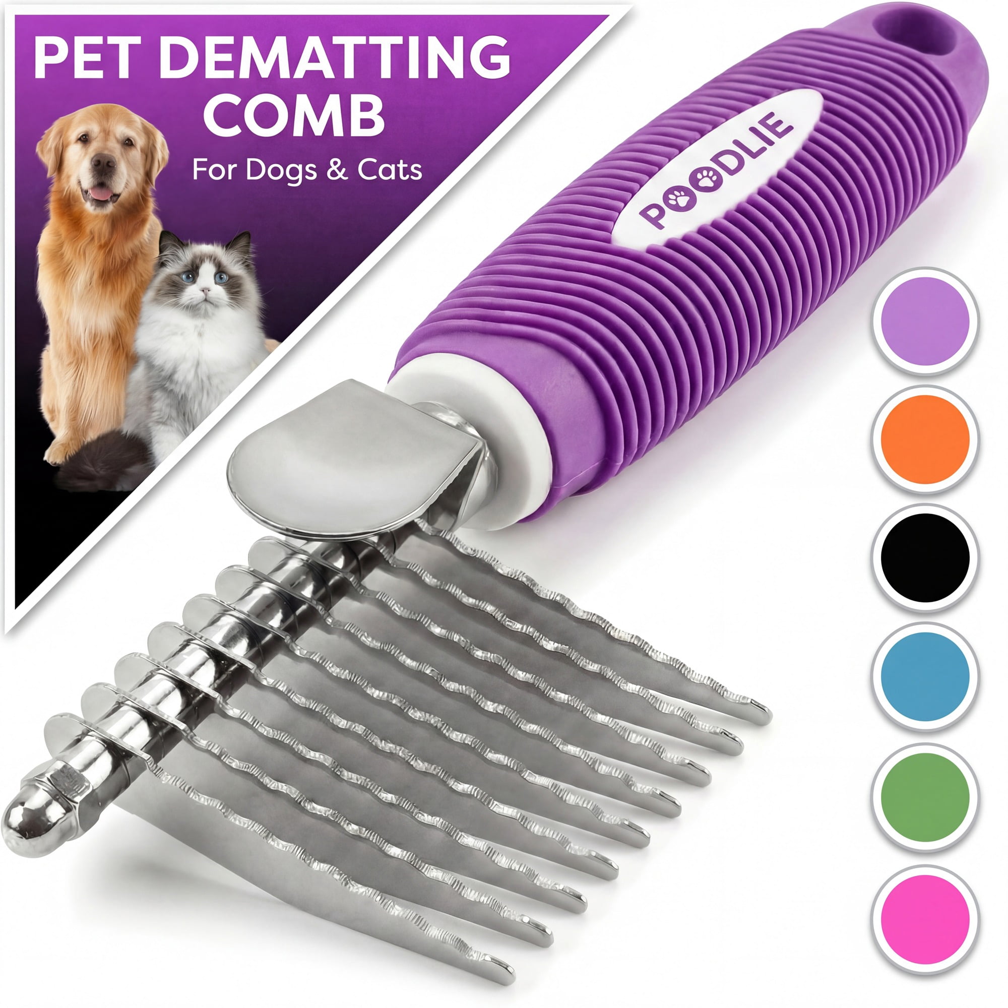 Poodle Pet Dog Dematting Comb Hair Tool with Stainless Steel Safety Blades, Purple